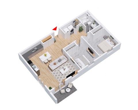 A 3D floor plan of a house with a kitchen, living room, and two bedrooms.